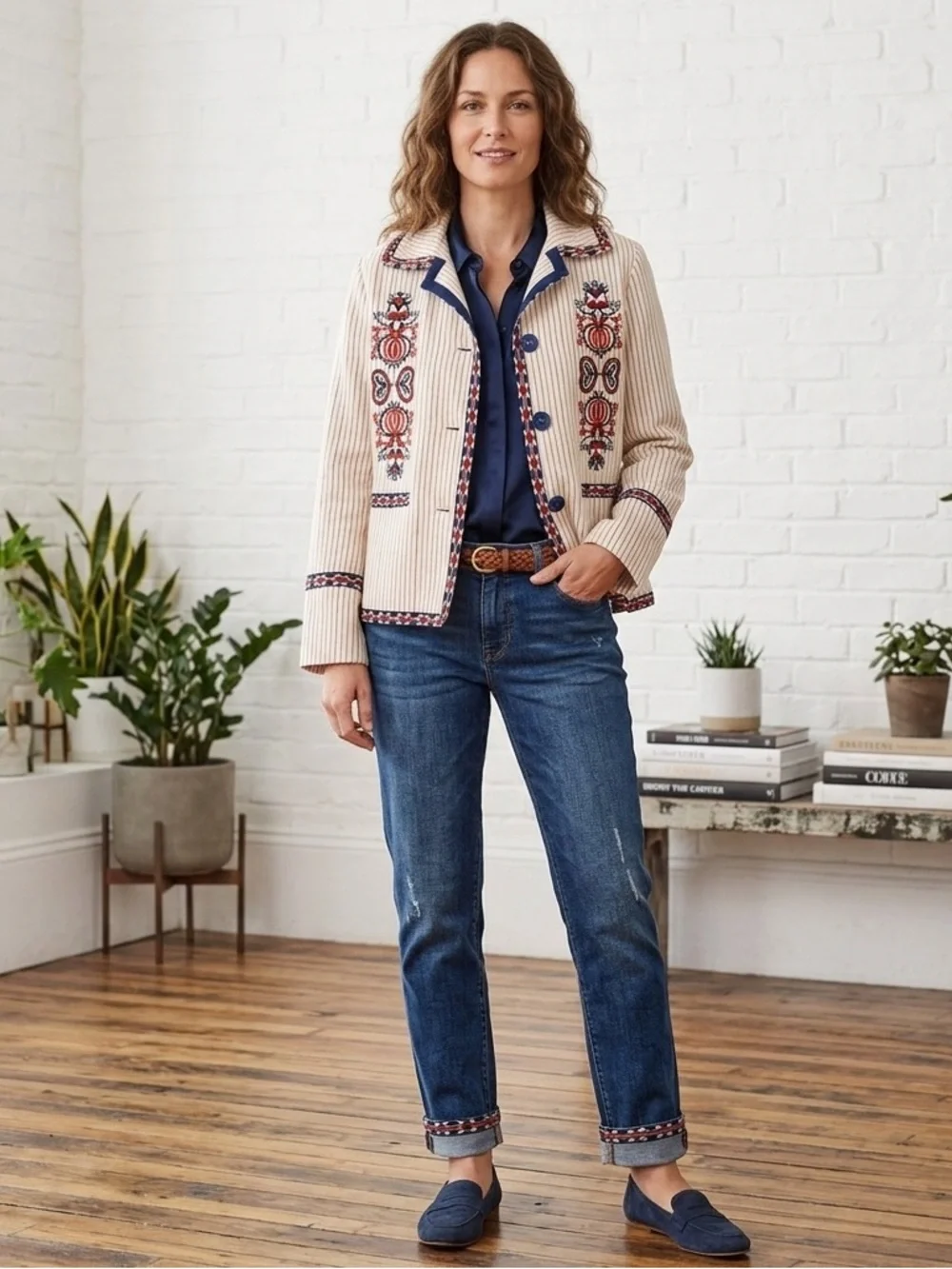 Max Studio London Natalie Embroidered Blazer Jacket L Large Cream Red Boho Folk - Picture 3 of 13